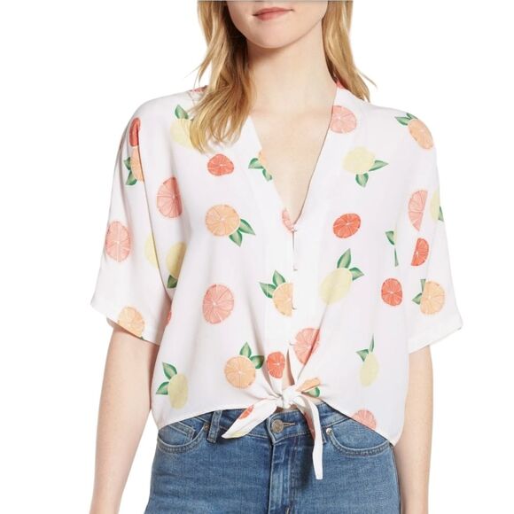 RAILS Thea Citrus-Print Silk Tie-Front Top Blouse Medium - Picture 1 of 9